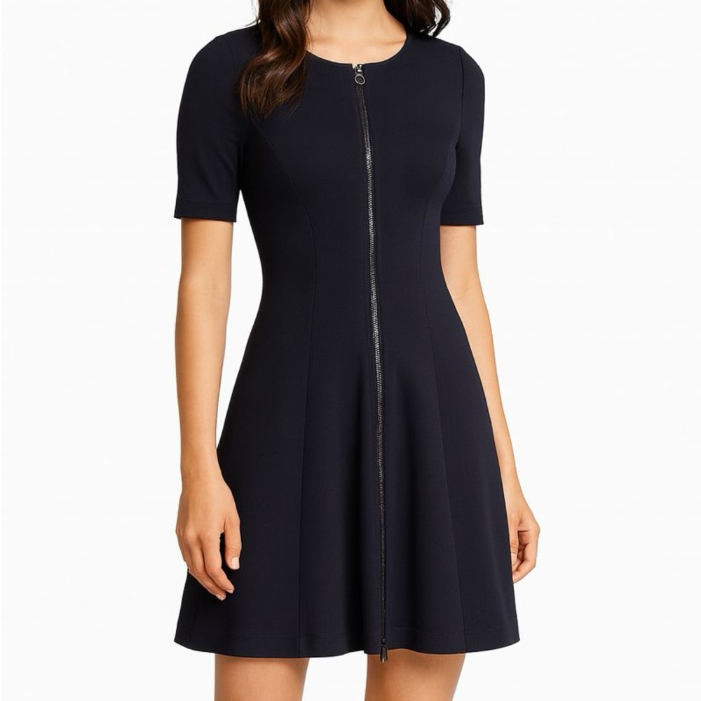 Theory Bonbi Fit & Flare Dress – Navy Blue | Size 6 | Front Zip